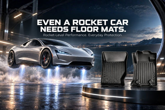 X-CAR Blog Banner Featuring a Futuristic Silver Rocket-Powered Electric Sports Car Lifting Off with Blue Propulsion Effects, Alongside Black Custom-Fit 3D TPE Floor Mats on a Display Platform, Highlighting Secure Fit and Everyday Interior Protection.