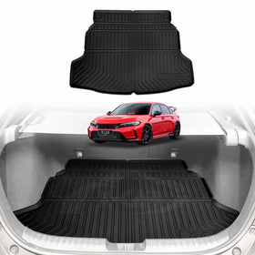 A black cargo mat for a Honda Civic Hatch 11th Gen, displayed in the trunk of a white car, with a red Honda Civic Hatch 11th Gen shown in the background.