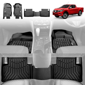 A set of black floor mats designed for a Mazda BT-50 Dual Cab, displayed in various positions within a vehicle interior, alongside a red Mazda BT-50 Dual Cab exterior.