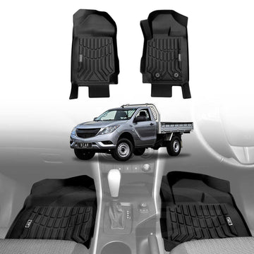 A set of black floor mats designed for a Mazda BT-50 Single Cab, displayed in a 3D rendering of the vehicle interior.