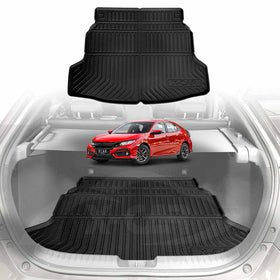 A black cargo mat designed for the trunk of a Honda Civic Hatch 10th Gen, displayed empty except for a red car illustration on the Honda Civic Hatch's trunk.