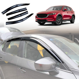 Set of four black car weather shields for Mazda CX5 CX-5 2017-2025 model years, displayed on a white background and installed on a red Mazda CX-5.