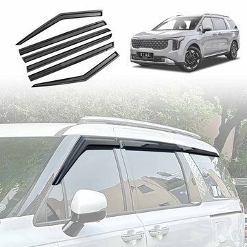 A set of black X-CAR car weather shields for the Kia Carnival KA4 Series, displayed on a vehicle. The shields are designed to fit on the side windows, and the product is shown both on the car and separately.