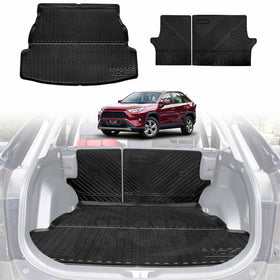 A black boot liner designed for a Toyota Rav4, displayed in a vehicle's cargo area, with the car's interior protected from view.