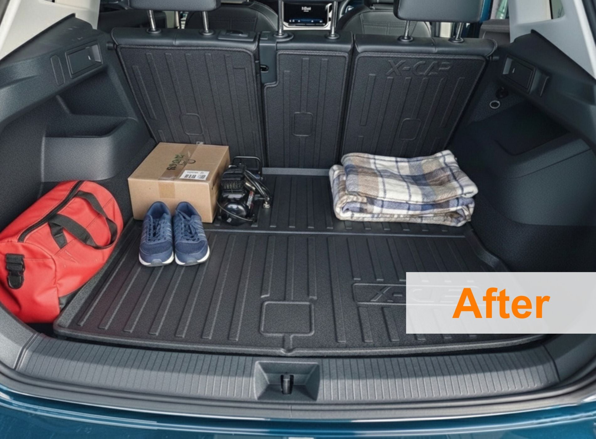 Car trunk with a black cargo liner, red bag, cardboard box, blue shoes, and plaid blanket labeled 'After'.
