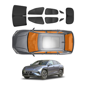 Full car sunshade set for BYD Sealion 7, showing custom-fit black window covers for front, rear, and side windows, with highlighted installation areas on a top-view vehicle diagram and model image below.