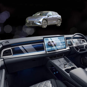 BYD Sealion 7 interior dashboard with central touchscreen display and protective glass overlay, showcasing screen protector and instrument cluster protection.