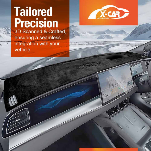 X-CAR Black dash mat for BYD SEALION 7 2025+ with HUD cutout installed on dashboard, custom 3D scanned non-slip cover designed for precision fit and glare reduction.