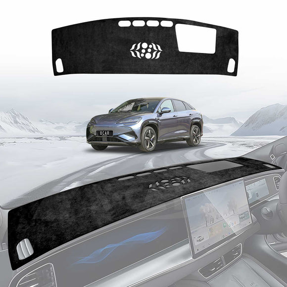 BYD SEALION 7 2025+ black dash mat with HUD cutout, non-slip dashboard cover installed on interior to reduce glare and protect against UV damage.