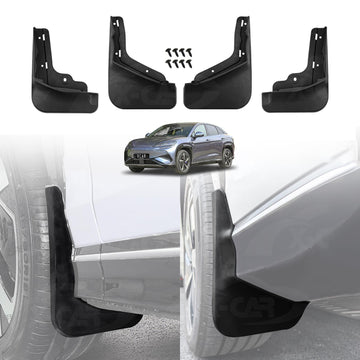 Set of four black X-CAR car mud flaps with mounting screws on a white background, shown alongside an example image of the flaps installed on the front and rear wheels of a sedan.
