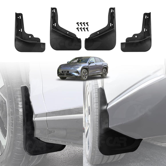 Set of four black X-CAR car mud flaps with mounting screws on a white background, shown alongside an example image of the flaps installed on the front and rear wheels of a sedan.
