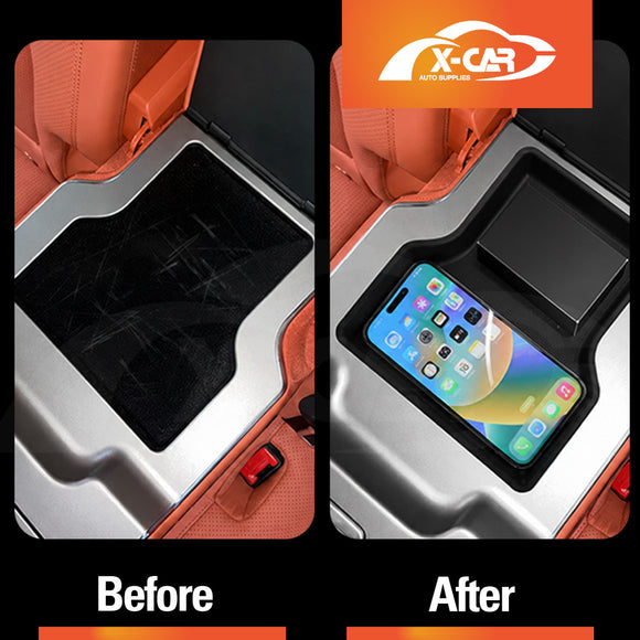 Before and after comparison of X-CAR Rear Seat Armrest Organiser Tray being installed in BYD SEALION 8.