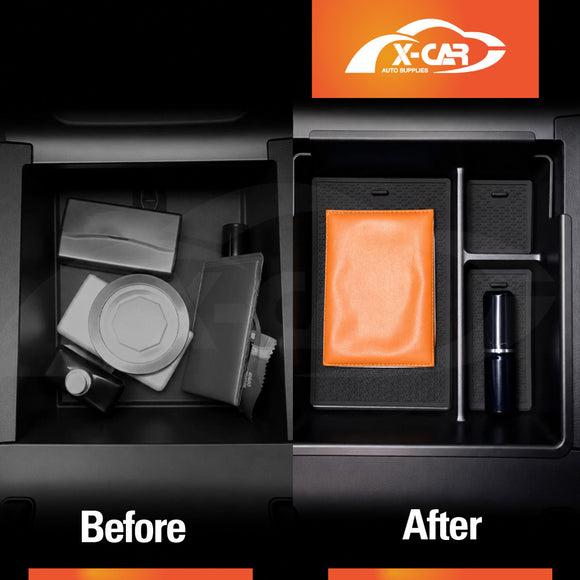 Before and after comparison of X-CAR armrest organiser tray being installed in BYD SEALION 8.