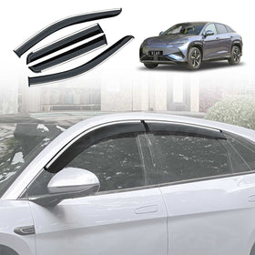 X-CAR Car window deflector (weather shield visor) set shown in black, displayed next to a gray SUV, with an additional close-up image of the visor installed on the front side window of a white car.