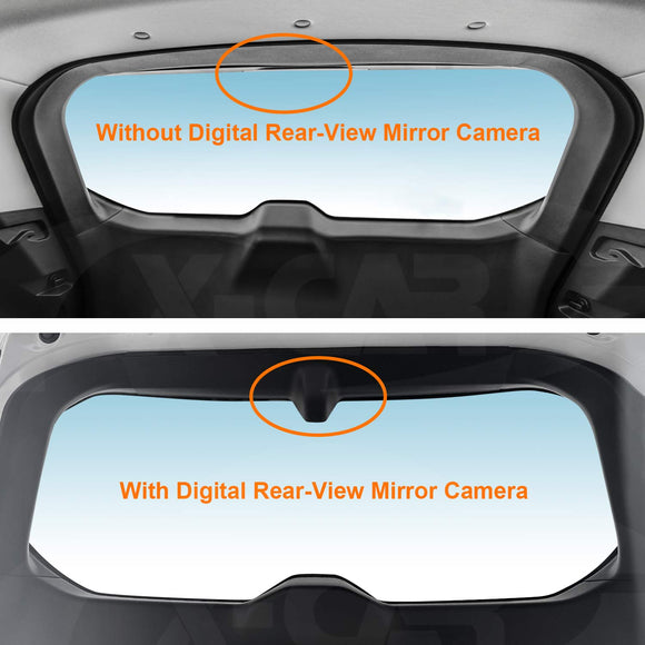 A two-panel of a Nissan X-Trail T33 SUV comparison showing a rear-view mirror area inside a vehicle. The top panel reads 'Without Digital Rear-View Mirror Camera' and shows a circular defect near the top of the mirror.