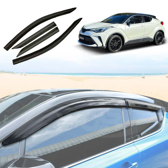 Set of four black car weather shields for Toyota CHR 2016-2023 displayed on a white background and installed on a blue car, including front and rear door visors.