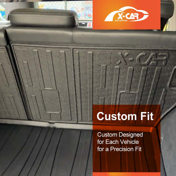 X-CAR boot liner and back seat protectors set for a Subaru Outback installed in the Outback cargo area.