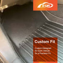 Car floor mat with X-Car logo and text about custom fit design.
