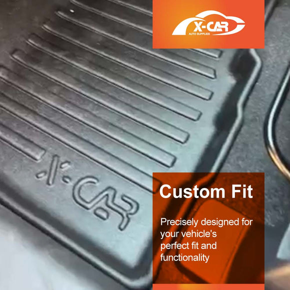 Car floor mat with X-Car branding and text about custom fit.