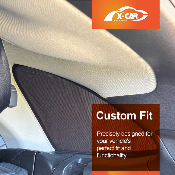 X-CAR custom window sun shades designed for Subaru Outback installed on the port window of an Outback.