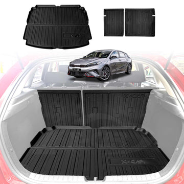 X-CAR Black rubber trunk mat and rear seat back protectors for a Kia Cerato Hatch 2023, shown installed in the cargo area, with additional mat pieces and a small image of the silver car displayed above on a white background.