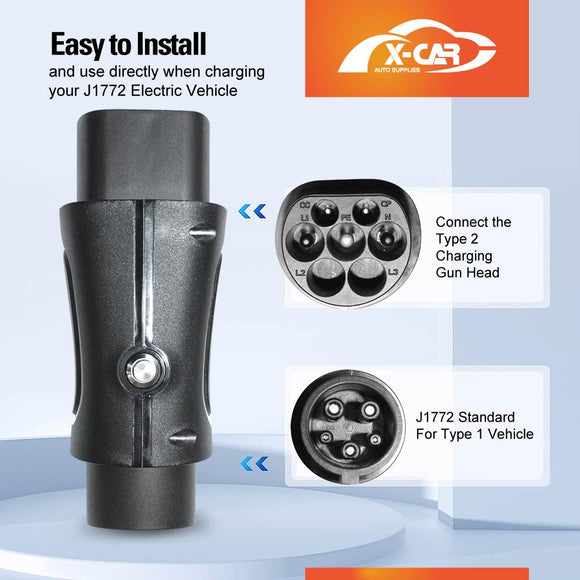 EV Charging Adapter Type 2 to Type 1 Socket IEC62196 to SAE J-1772 Charger Connector 32A 250V AC IP54