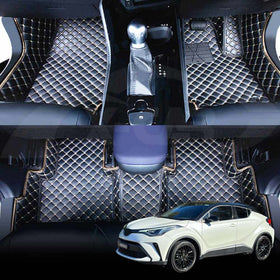 Car floor mats for Toyota CHR C-HR 2016-2023 displayed inside a car, showing a diamond pattern and the mats appear to be made of a luxury material.