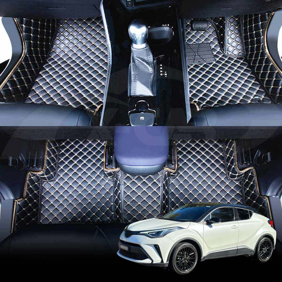 Car floor mats for Toyota CHR C-HR 2016-2023 displayed inside a car, showing a diamond pattern and the mats appear to be made of a luxury material.