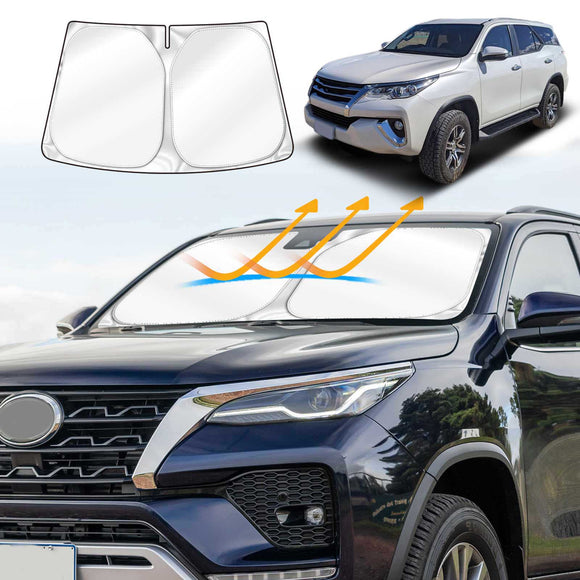 A graphic representation of a sun shade design for a Toyota Fortuner SUV, showing the placement on the windshield and the product's folding mechanism.