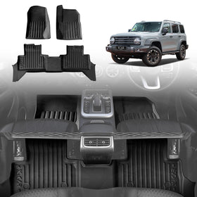 3D all-weather floor mats for GWM Tank 500 PHEV 2024-onwards, showing custom-fit front, rear and cargo liners with raised waterproof edges.