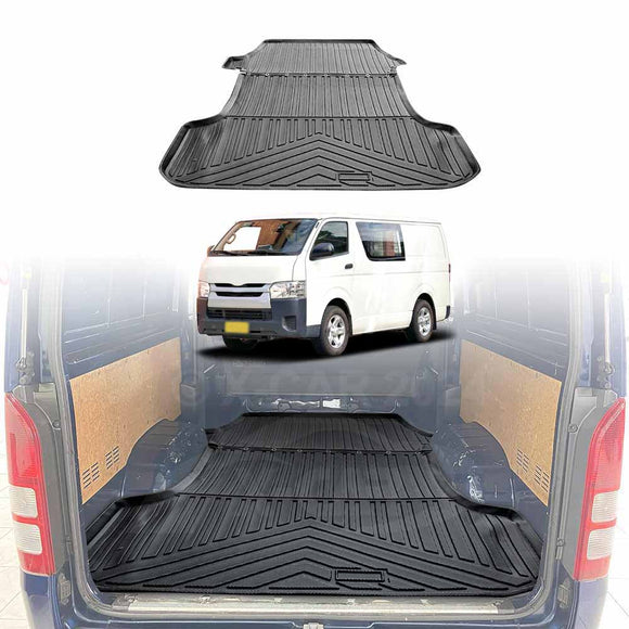 A black rubber cargo mat for a Toyota HiAce van, displayed in the cargo area of the van.