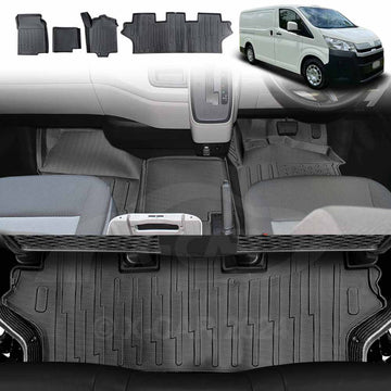 3D molded black all-weather floor mats installed in a Toyota HiAce van, showcasing the product's fit and design for the vehicle.