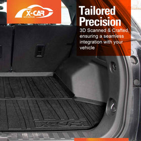 Car trunk with black floor mat and X-Car logo, featuring text about 3D scanning and crafting.