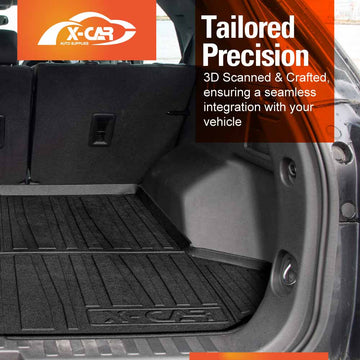 Car trunk with black floor mat and X-Car logo, featuring text about 3D scanning and crafting.