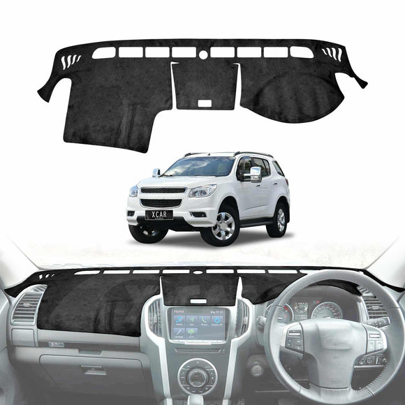 A black dash mat designed for a Holden Colorado 7 SUV, shown in the context of the vehicle's interior and the vehicle itself.