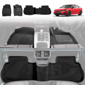 Black 3D floor mats installed in a Honda Civic 11th generation vehicle, showcasing the front and second row pieces.
