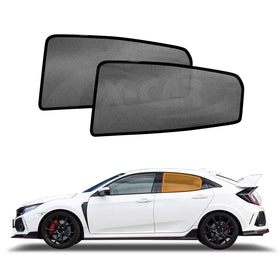 A set of X-CAR black window sun shades for a Honda Civic Hatch 10th Gen, displayed alongside a white Honda Civic Hatchback.