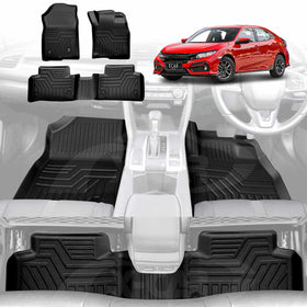 Black X-ACR floor mats displayed on a Honda-civic interior with a red car in the background.
