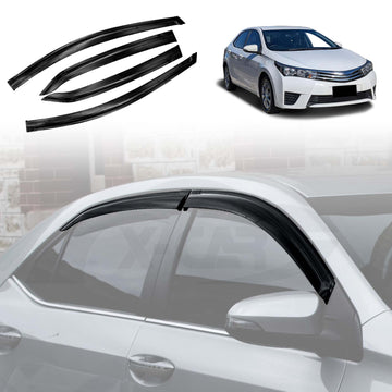 A set of dark-colored weather shields for a Toyota Corolla Sedan, displayed on a white background and installed on a car.