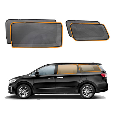 Kia Carnival 2015–2020 X-CAR rear side window sun shades installed, custom-fit mesh sun blinds for second and third row windows providing UV protection and privacy.
