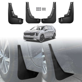 A set of X-CAR black mud flaps for a Kia Carnival KA4 Series 2020-2025, including mounting screws, displayed alongside the front wheel of the vehicle.