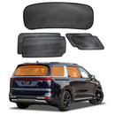 A set of black X-CAR window sun shades designed for the Kia Carnival KA4 Series 2020-2025. The image shows the sun shades both separately and installed on a vehicle.