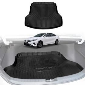X-CAR Black rubber trunk mat cargo liner for Kia Cerato Sedan, shown both standalone and installed in the boot, featuring raised edges and textured surface for spill and dirt protection.