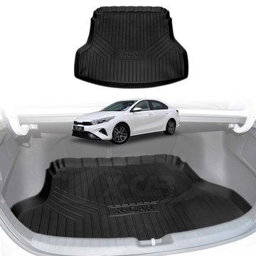 X-CAR Black rubber trunk mat cargo liner for Kia Cerato Sedan, shown both standalone and installed in the boot, featuring raised edges and textured surface for spill and dirt protection.
