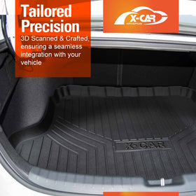 Custom-fit X-CAR black rubber trunk mat installed in Kia Cerato Sedan boot, featuring raised edges and X-CAR branding, 3D scanned for precision fit and full cargo area protection.