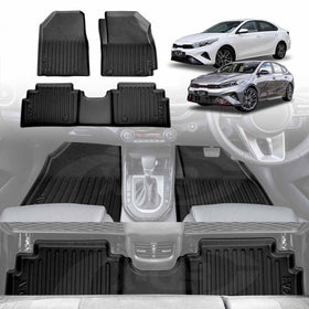 A set of X-CAR black 3D floor mats designed for a Kia Cerato, displayed in a car interior setting with images of the mats installed in a vehicle.