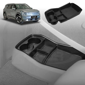 An image showing a black X-CAR centre console organizer tray for a Kia EV9, displayed both separately from a car and installed in the car's center console.