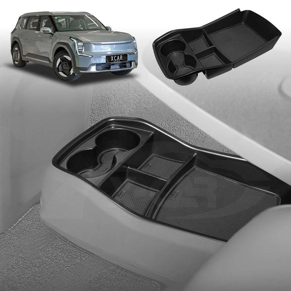 An image showing a black X-CAR centre console organizer tray for a Kia EV9, displayed both separately from a car and installed in the car's center console.