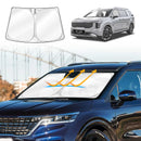 Kia Carnival KA4 2020–2025 front X-CAR windshield sun shade installed on vehicle showing UV heat block protection and foldable reflective window cover design.