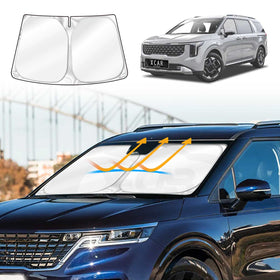 Kia Carnival KA4 2020–2025 front X-CAR windshield sun shade installed on vehicle showing UV heat block protection and foldable reflective window cover design.
